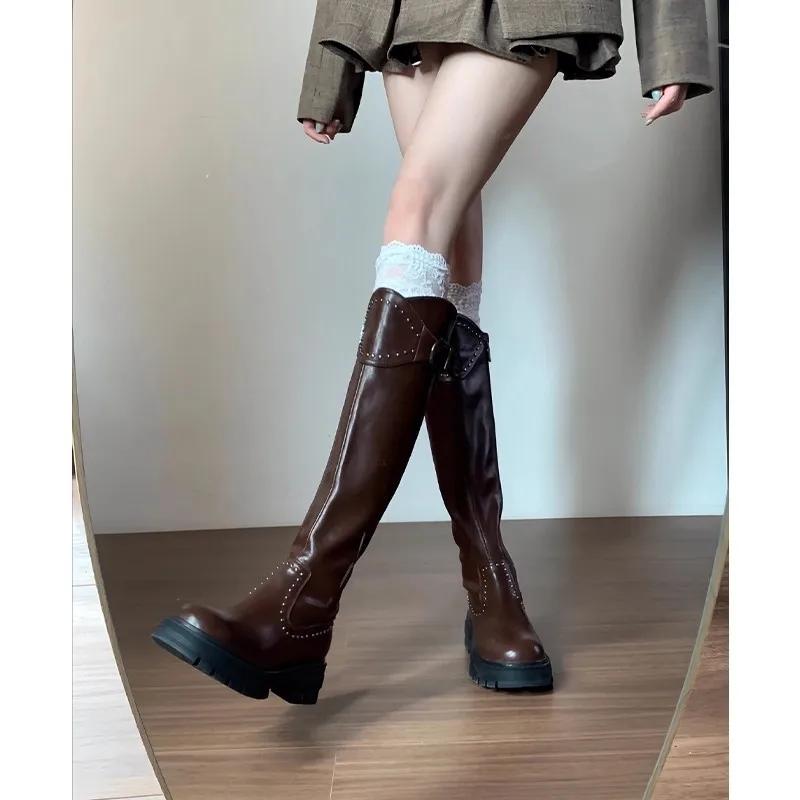 Fashion New Style Luxury Women's Thick Heel Cotton Boots Winter Round Head Side Zipper Rivet Metal Belt Buckle Thick Sole Non-slip Boots