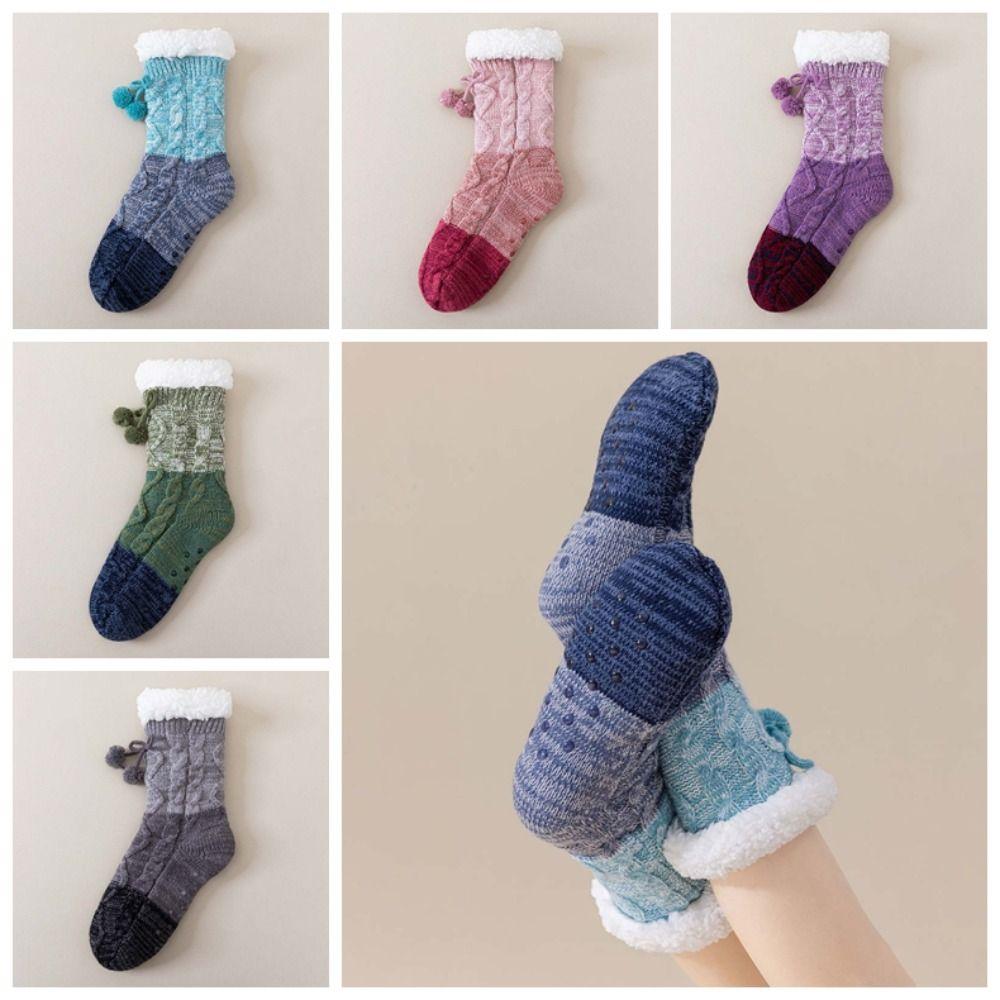 Meias de Chão de Pelúcia Tricotadas Meias de Lã Antiderrapantes Meias de Inverno Macias Listradas Femininas Casa