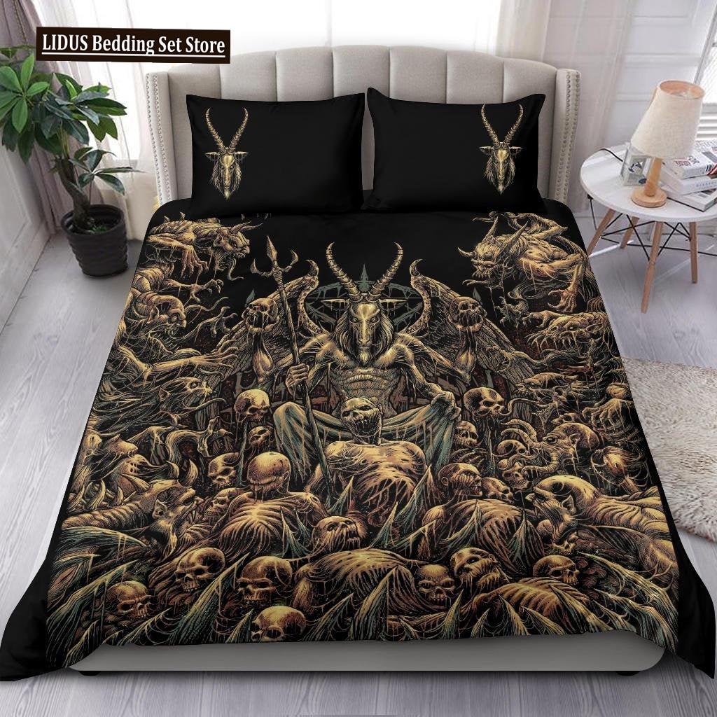 Skull Skeleton Satanic Goat Skull Duvet Cover Set Trophy Demon Breed Bedding Sets Night Blue Pink Satanic Baphomet Quilt Cover