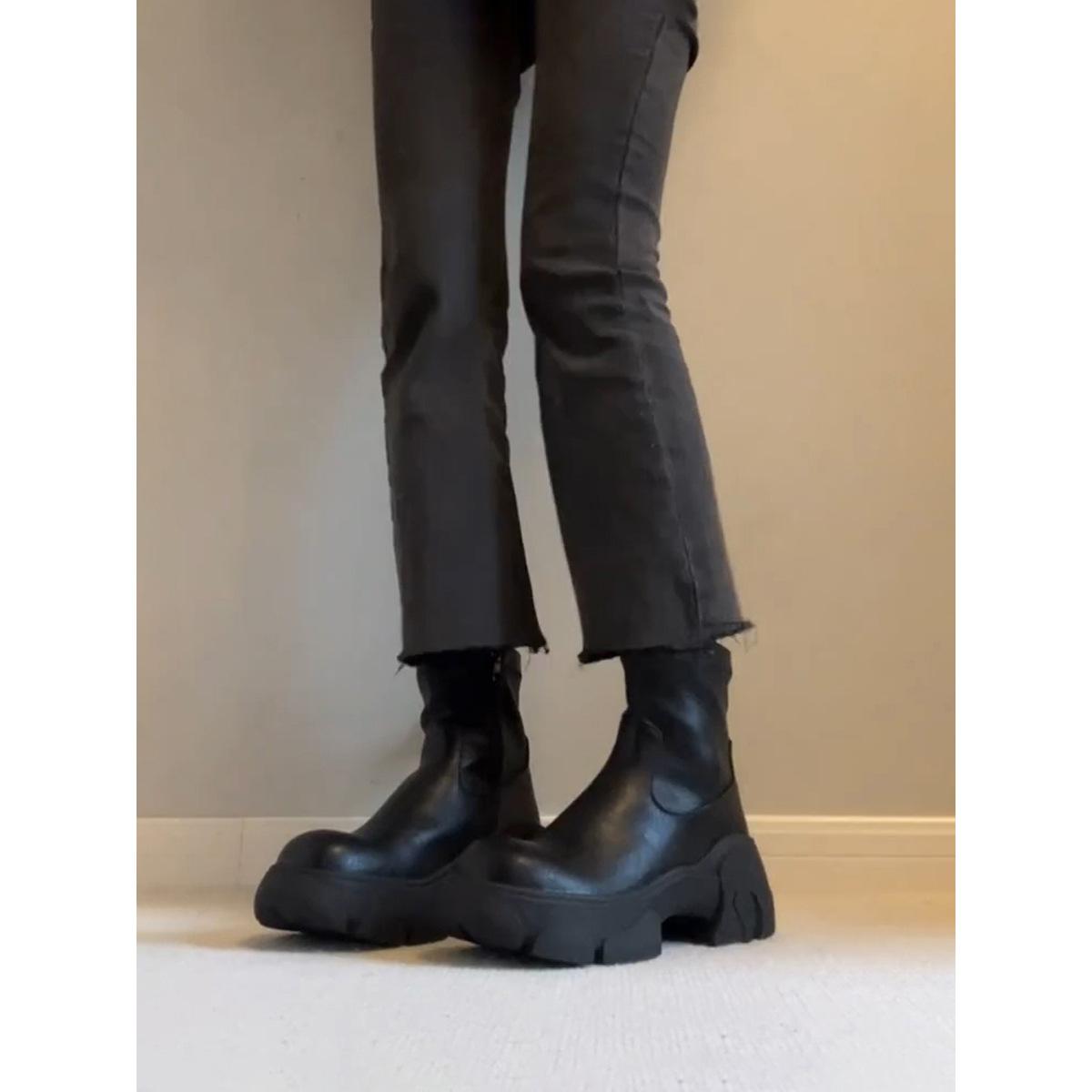 

Cowhide version~ thick-soled heightening short boots for women s thin retro small Martin boots side zipper elastic thin boots 40