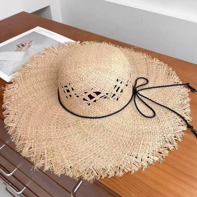 New Big Brim Burr Lafite Straw Hat Women's Seaside Vacation Sunscreen Sun Hat Hollow Face Hat