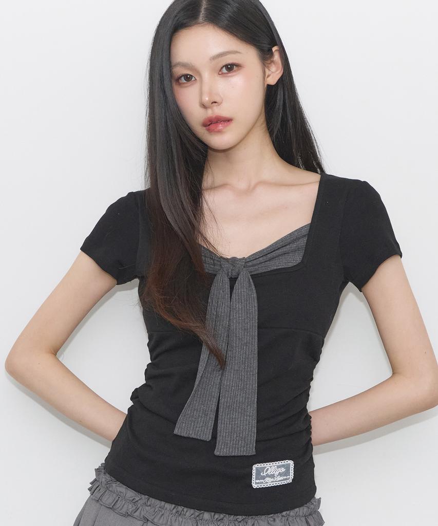 ILLIGO Layered Ribbon Tie T-Shirt Black