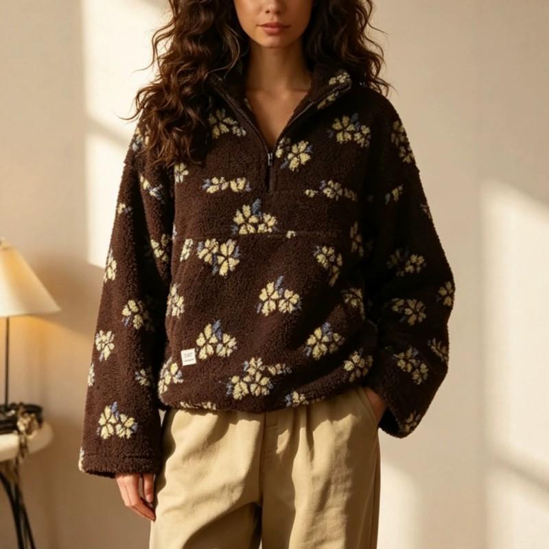 2026 Fleece Floral Kapuzenloses Sweatshirt Damen Dick Warm Langarm Lässig Streetwear Oberteil