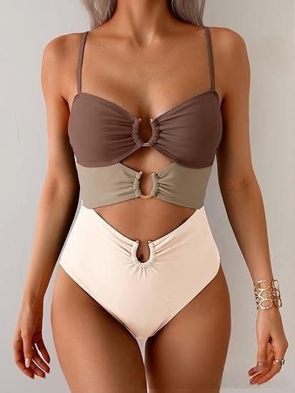 European and American swimsuit women's sexy splicing metal buckle hollow one-piece swimsuit hot spring vacation swimsuit women