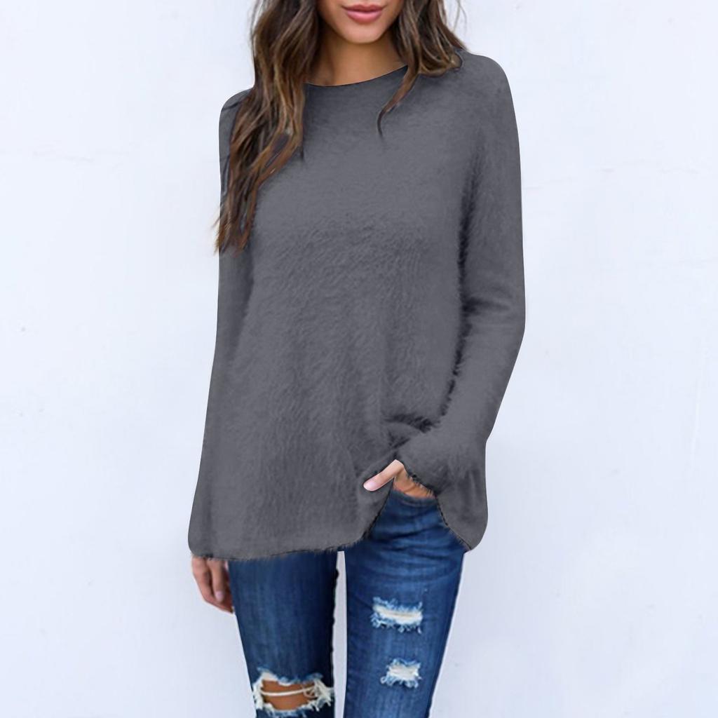 Maglione casual da donna alla moda, a maniche lunghe, ampio, scollo rotondo, davanti, corto, dietro, lungo