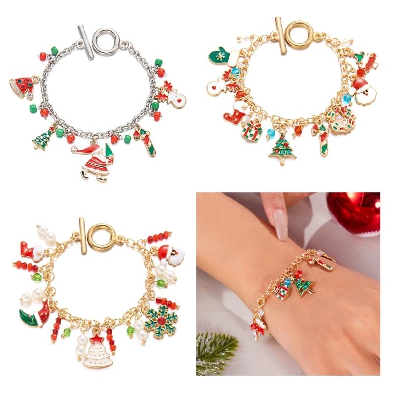 Pulseira de Pingente de Rena do Papai Noel Festiva para Árvore de Natal Corrente de Pulso de Liga Joia Pulseira Presente de Feriado para Mulheres Acessório de Festa