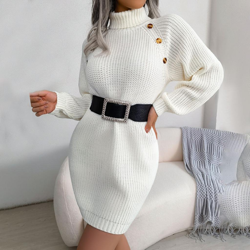 Dámské A Zimní Evropské A Americké Ležérní Knoflíkové Rolákové S Dlouhým Rukávem Spodní Svetrové Šaty