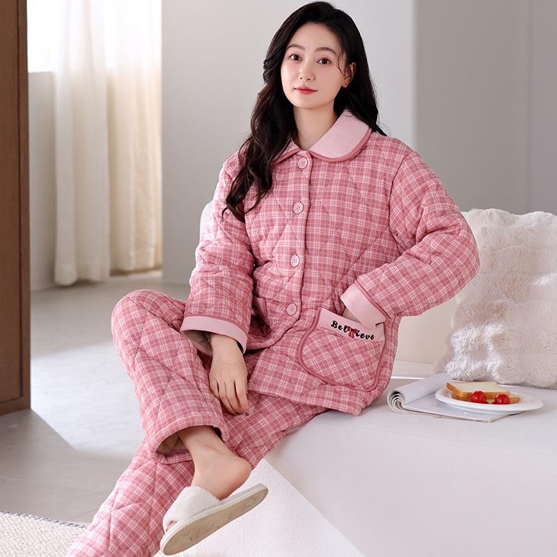 Pure Cotton Padded Pajamas Women'S Winter Three-Layer Thickened Velvet Autumn And Winter Warm Loungewear Set