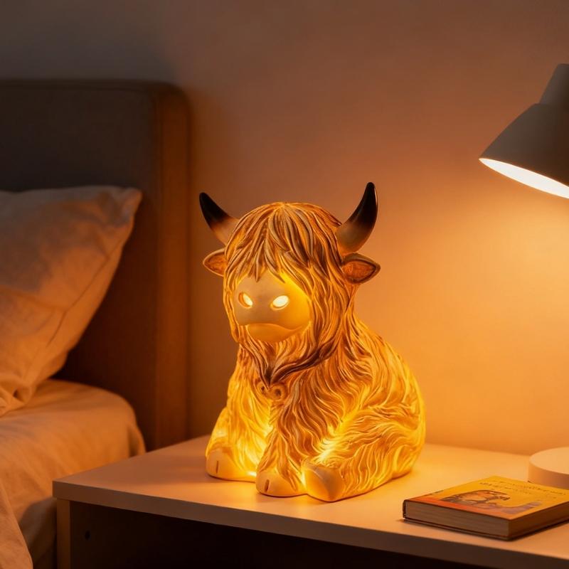 High Land Cow Nightlight Resin Miniature Figurine Desk Ornament Battery Powered for Farmhouse Tiered Tray Decors Gift