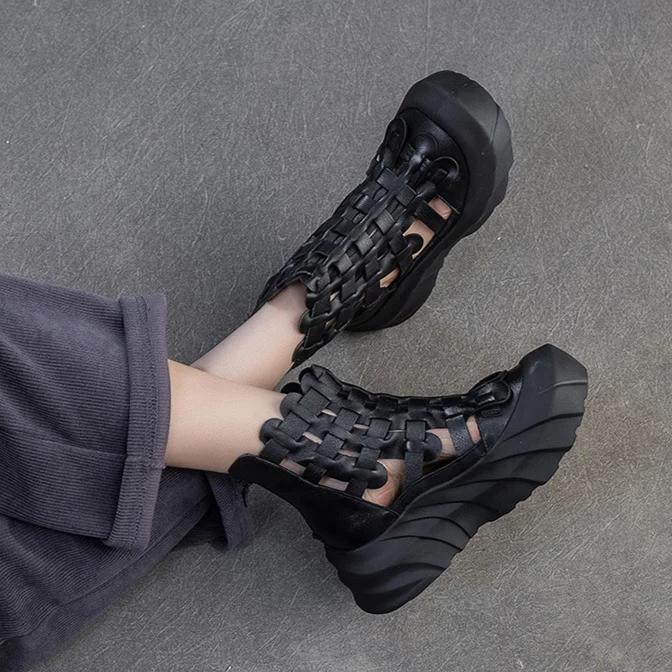 Johnature Cizme de vară țesute manual și respirabile, din piele naturală, retro, confortabile, cu talpă groasă, pantofi de damă