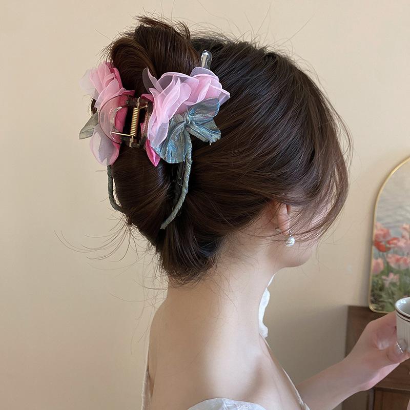 Épingle à cheveux fleur nœud en maille acrylique début printemps niche vacances clip photo accessoires cheveux tendance élégants doux