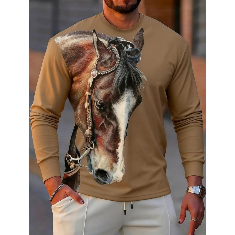 Men's T-Shirt Running Horse Graphic 3D Print Fashion Long Sleeve Crew Neck Tee Shirt Casual Summer Personality Men's Top