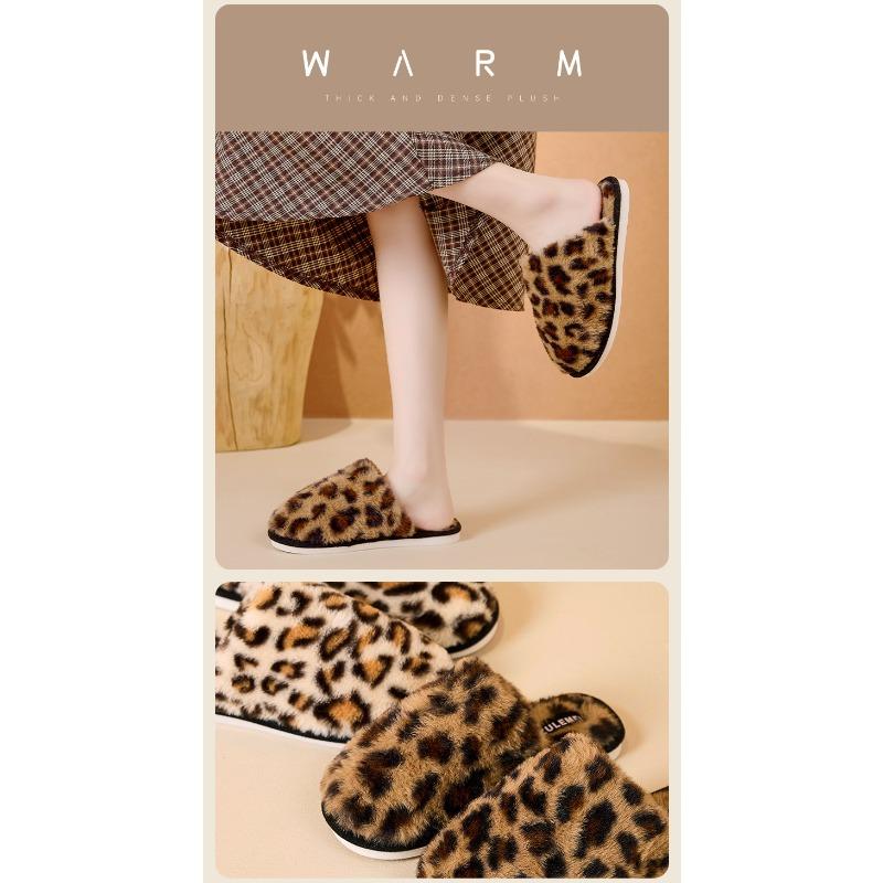 Cross-border spot leopard print fluffy slippers Amazon popular home indoor heating fleece cotton slippers foreign trade wholesale