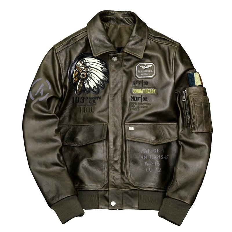 New Biker Jacket Men Genuine Leather Short Coat Horsehide Flight Bomber with Indian Embroidery