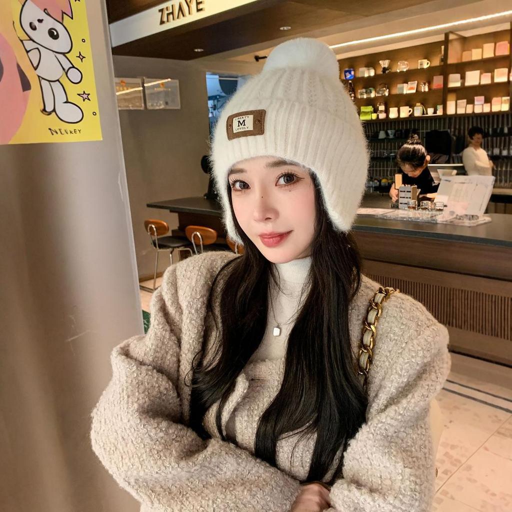 New Autumn and Winter Plush Warm Knitted Hat for Women Sweet and Cute Plus Velvet Ear Protection and Cold Proof Woolen Hat