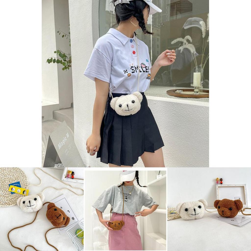Cute Cartoon Bear Head Mini Crossbody Bag Plush Nylon Shoulder Bag For Students