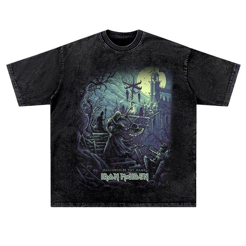 ZheXiong TEE Vintage LRON Maiden Iron Lady Rock Gewassen T-shirt voor Heren Dames Amerikaans Retro Gewassen Hip Hop Street Korte Halve Mouw Trendy M