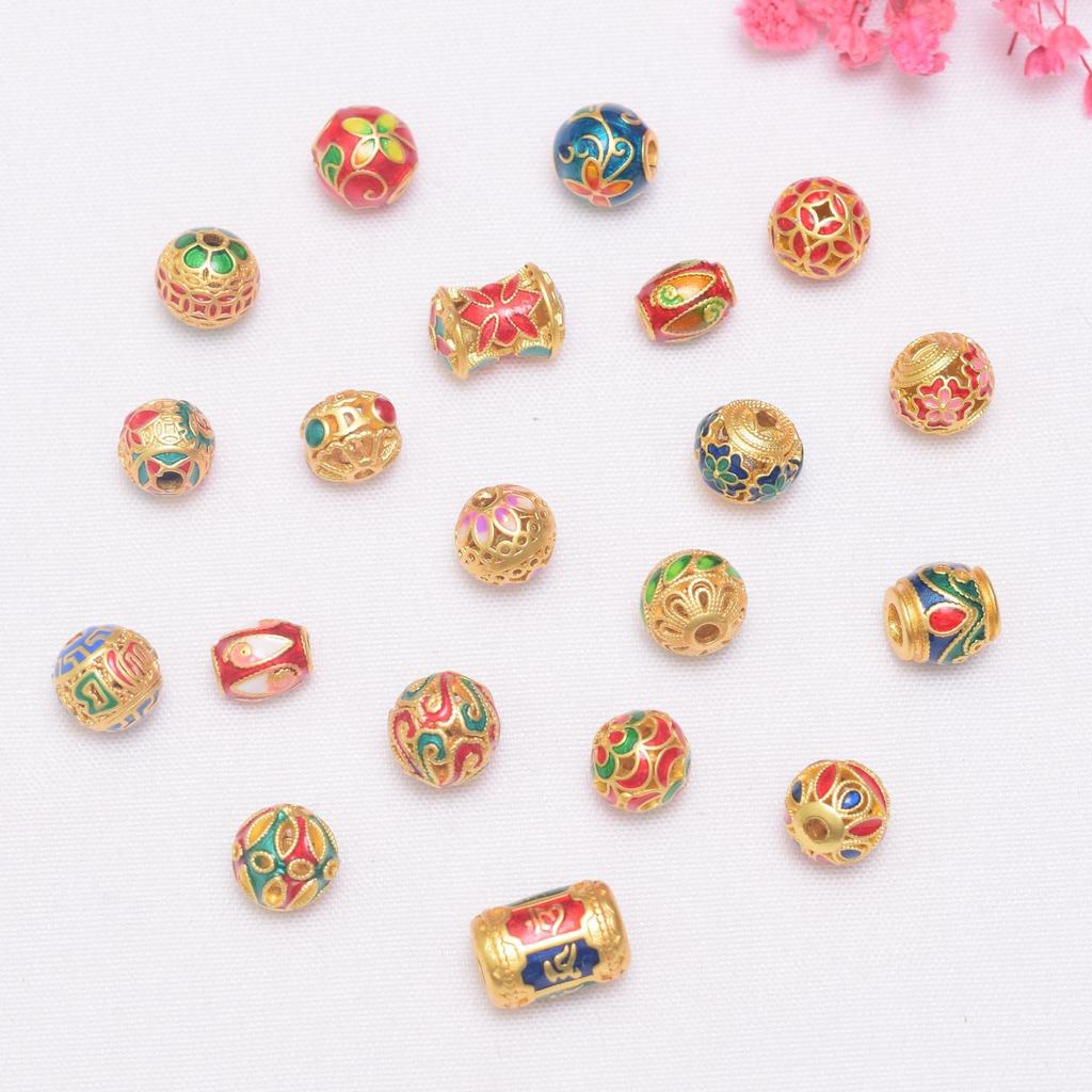 10pcs Color-Preserving Ancient Gold Accessories Loose Beads Guochao Beads, Burnt Blue Enamel Color Diy Bracelet With Beads, Bracelet Bead Accessories