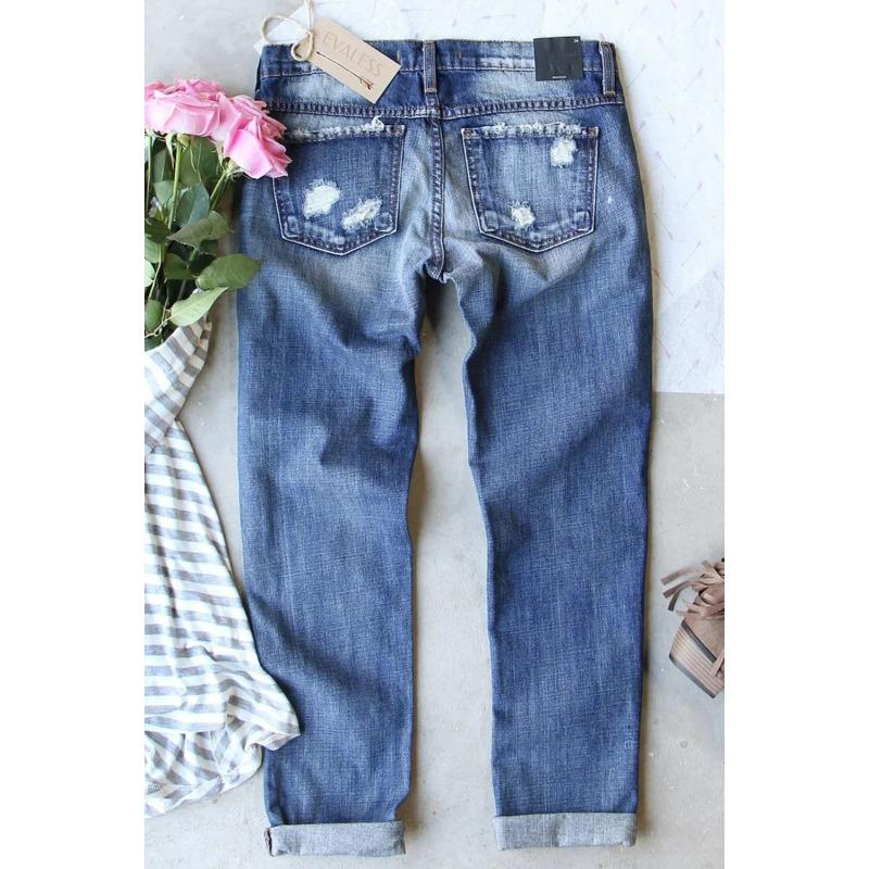 Women Mid Waist Straight Leg Ripped Printed Patchwork Denim Long Pants