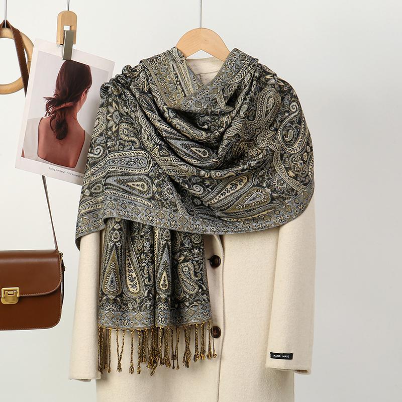 Autumn Winter Print Parttan Scarf for Women Pashmina Shawls and Wrap Cashmere Blanket Warm Thick Stoles Lady Outdoor Bufanda