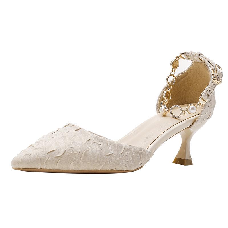 

Small heel bag head sandals women s thin heel French 5 cm rhinestone metal chain one-word buckle hollow high heels 34