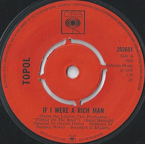 7inch Record TOPOL - If I Were A Rich Man 202651 CBS 1967 UK Soundtracks & Musicals Used
