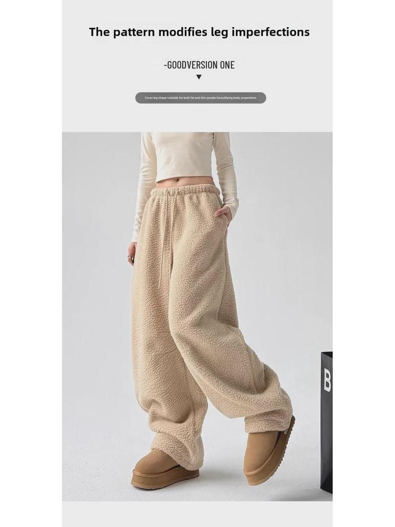Damskie dwustronne pluszowe polarowe spodnie z szerokimi nogawkami – leniwe, stylowe, z wysokim stanem, ciepłe, luźne, wszechstronne spodnie zimowe.