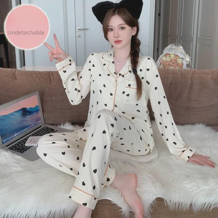 Korean Style Women's Pajamas: Spring Set with Chest Pads, Sweet Love Long Sleeves & Trousers, Suitable for Indoor & Outdoor Wear