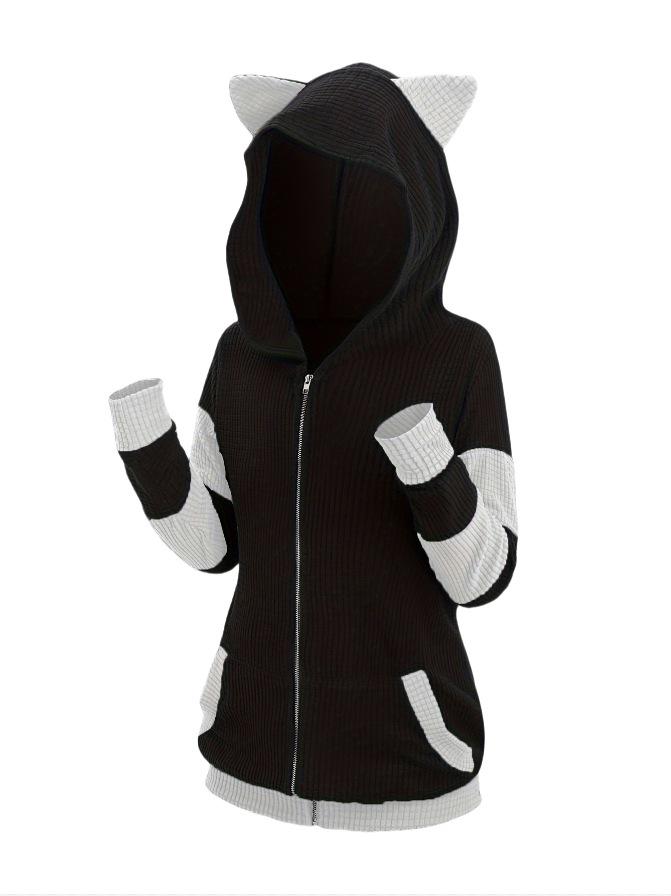 

European & American Plus Size Women s Color Block Cat Ear Hooded Sweatshirt Jacket - Autumn/Winter 1XL