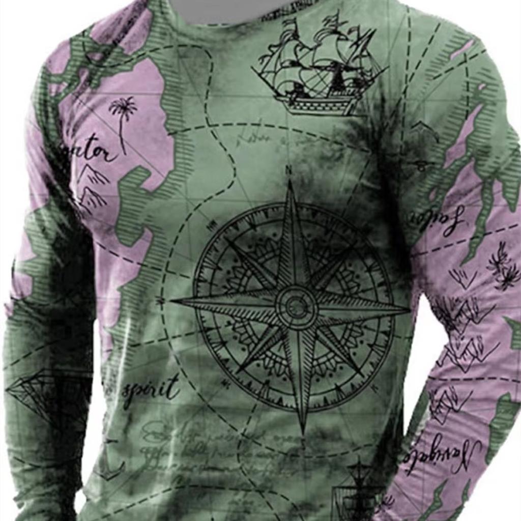 3D Homens Manga Longa Mapa do Mundo Lazer Esportes Fitness Retro Clássico Manga Longa Esportes ao Ar Livre T-Shirt Oversized Quente Manga Longa