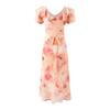 French Romantic Vacation Gentle Rose Print Short Sleeve Long Skirt Summer Bow Ruffle V-Neck Dress