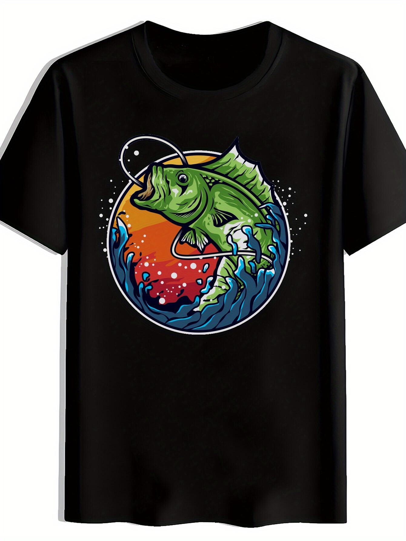 Fishing Graphic T-shirt - Vibrant Leaping Fish & Ocean Waves Print XXXXL