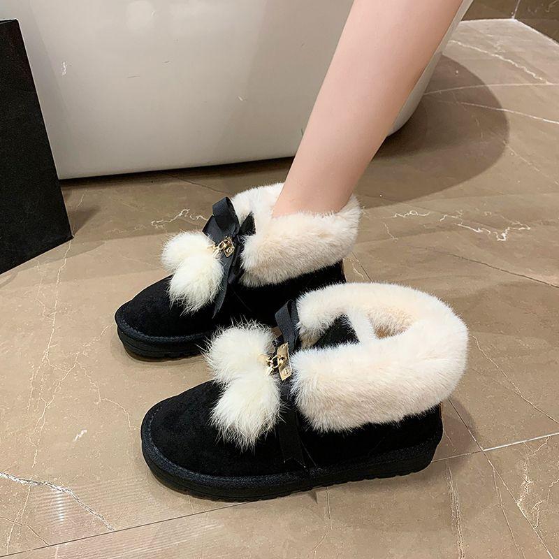 Fashion Cute Bow Round Toe Snow Boots for Women Winter Plush Ankle Furry Hot High Quality Sale Padded New Rock Trend 2025 Woman Shoes