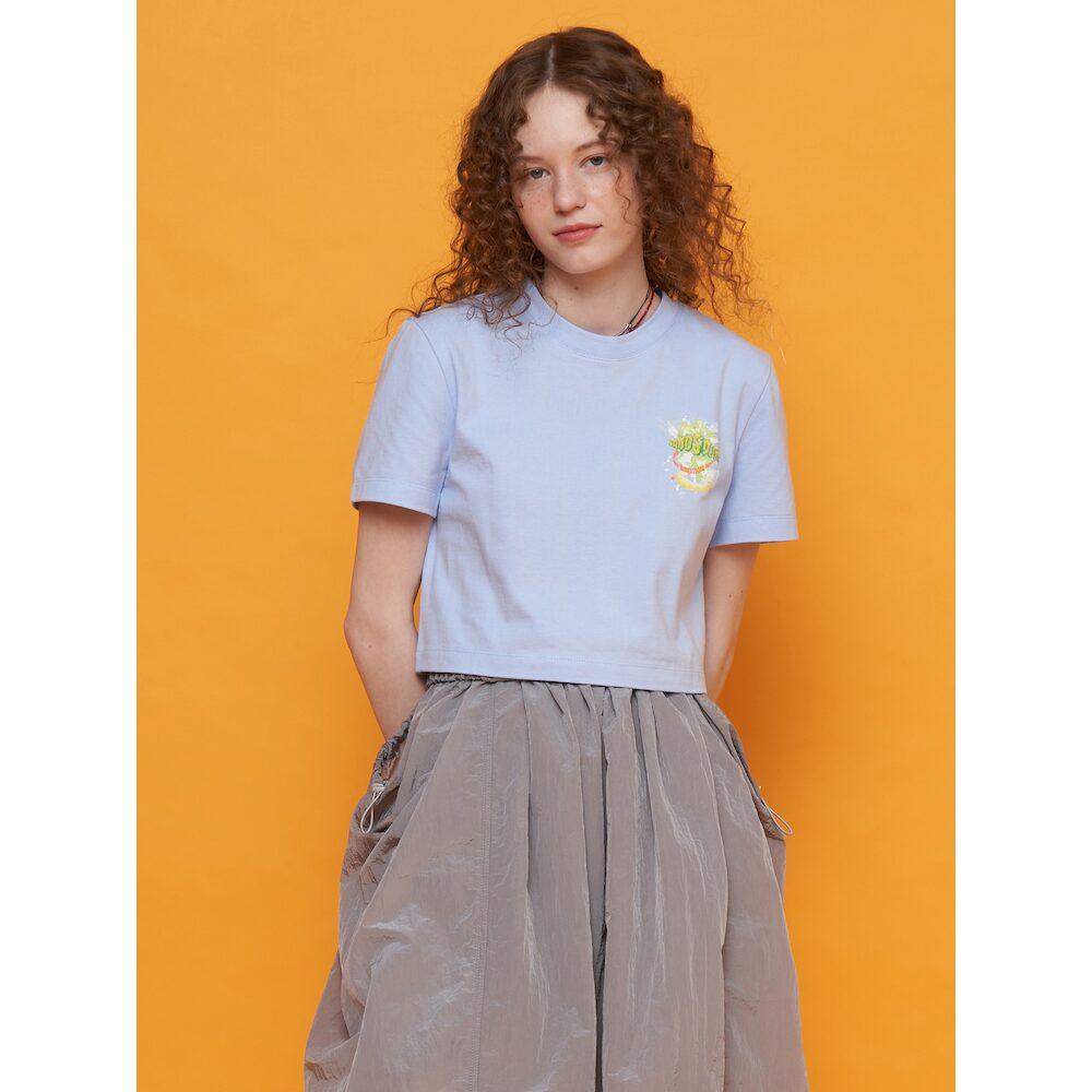 Saendeusaundeu Graphic Crop Sleeve Tshirts Light Blue