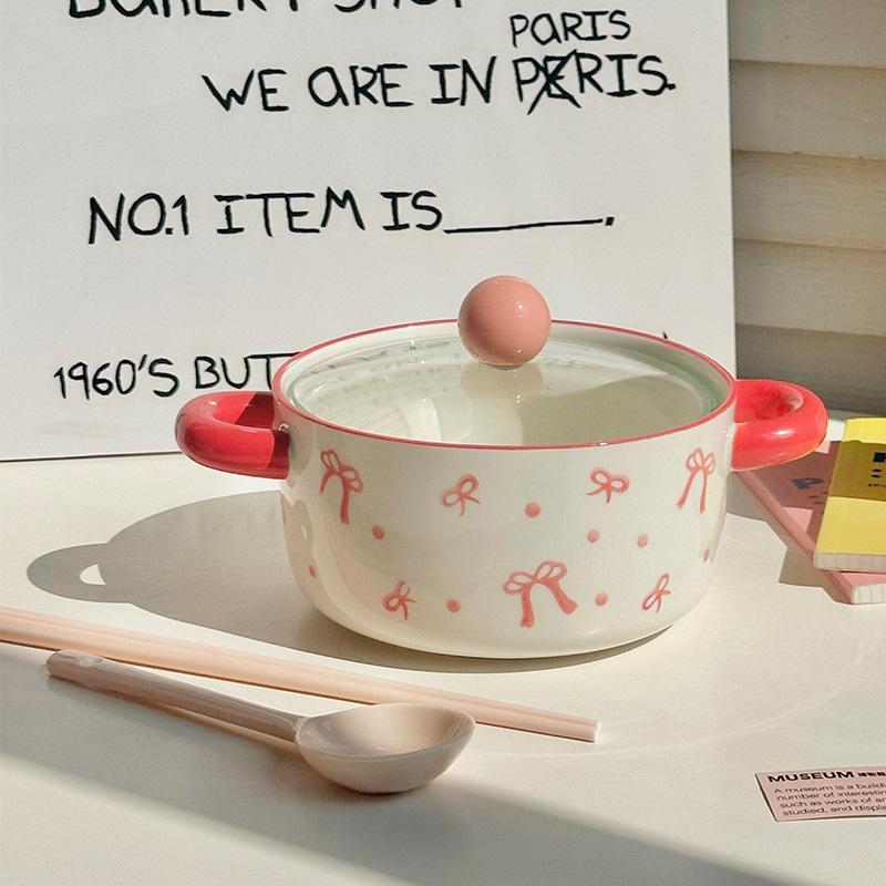 Girl's Heart Bow Binaural Ceramic Instant Noodle Bowl Student Dormitory Rice Bowl Large Capacity Microwave Oven Snail Powder Bowl
