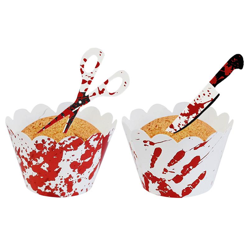 24/48Pcs Halloween Cupcake Topper Wrappers Bloody Knife Scissors Cake Decoration Halloween Birthday Party Supplies Baking Tools
