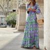 Abito Bohemian da Donna Autunnale Nuova Moda Stampato Sexy Scollo a V Manica Lunga Vita Alta Vita Elastica Lunghezza Media