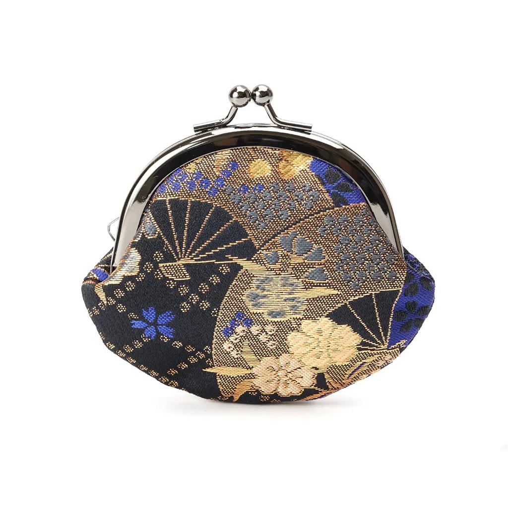 Kyoto Geibido clasp handcrafted by Japanese made in Japan fan navy Nishijin-ori 2.6-inch wallet, artisans, pattern, (black, face, blue)