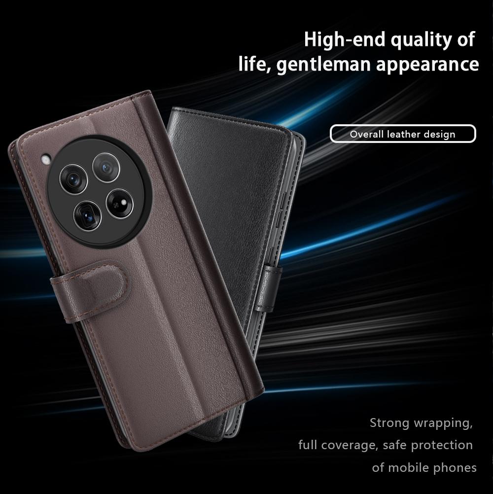 For OnePlus 12 5G Wallet Case Genuine Split Leather Phone Cover with TPU Shockproof Shell