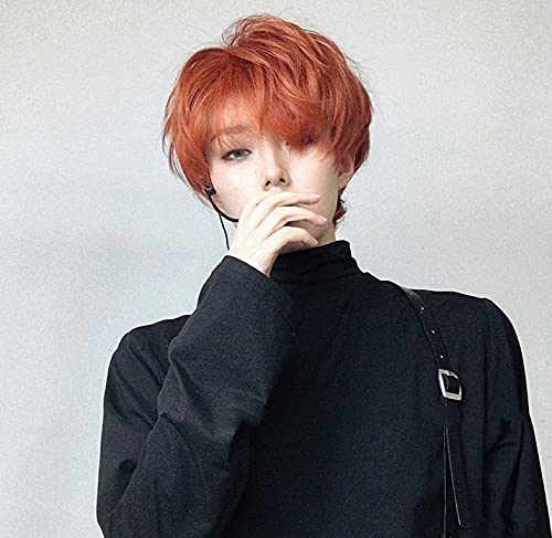 Men's Harajuku-style full wig, orange, short, popular, fashionable, with a net, natural-looking, unisex.