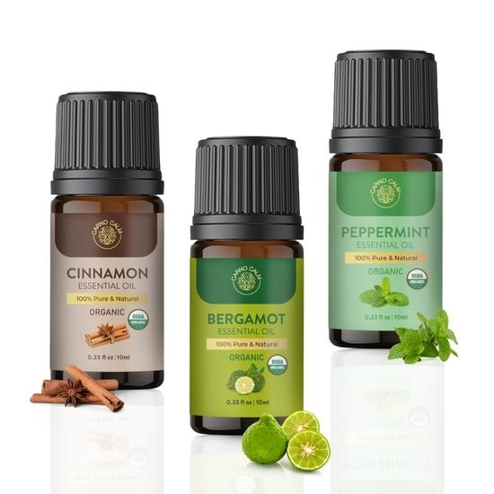 

Carno Calm Essential Oil Combo Pack | Pack of 3 | USDA Approved, Pure Cinnamon Bark Oil, Peppermint Oil, Bergamot Oil, 10ml Each for Aromatherapy