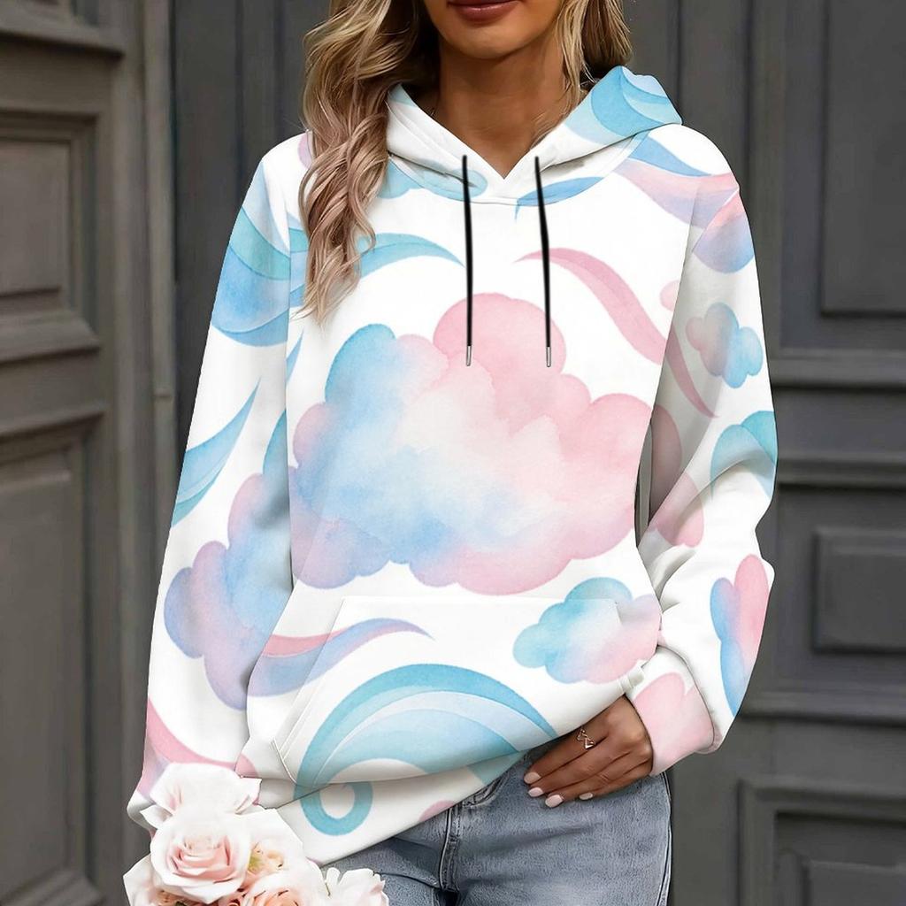 Women Plus Size White Floral Printed Long Sleeve Pullover Hoodie With Drawstring Hood And Kangaroo Pocket