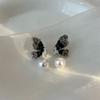 Vintage Silver Drop Dangle Elegant Butterfly Pearl Earrings Black Crystal Earrings Dark Aesthetic Jewelry Gift For Party Evening