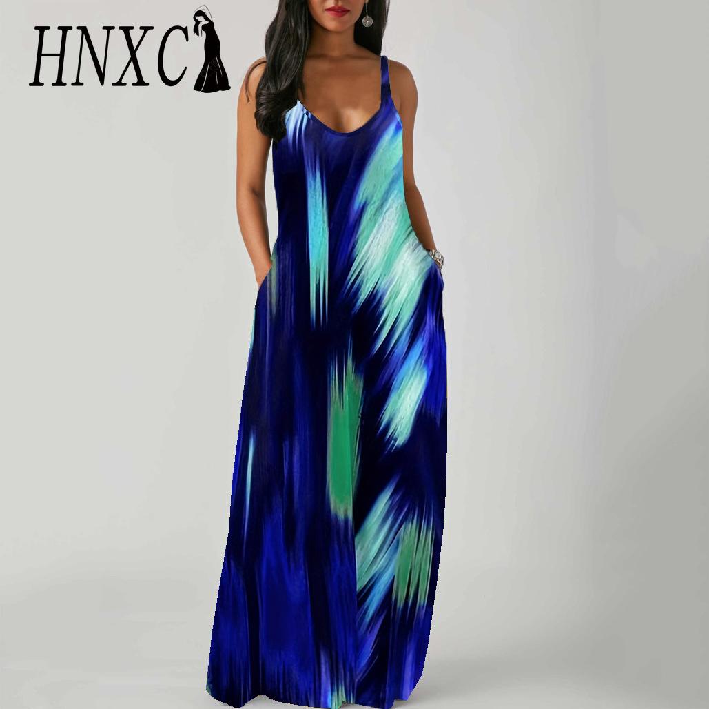 

HNXC Elegant Fashion Floor Length Sleeveless V Neck Simple Women Summer Retro Printed Loose Waist Straight Dress XXXXXL