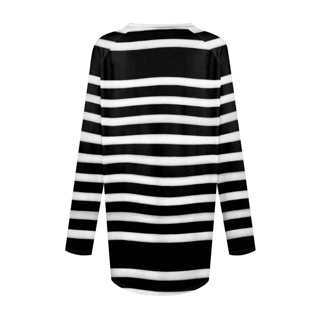 Women's Fashionable Casual Long-Sleeved Striped Print V-Neck Mid-Length Top