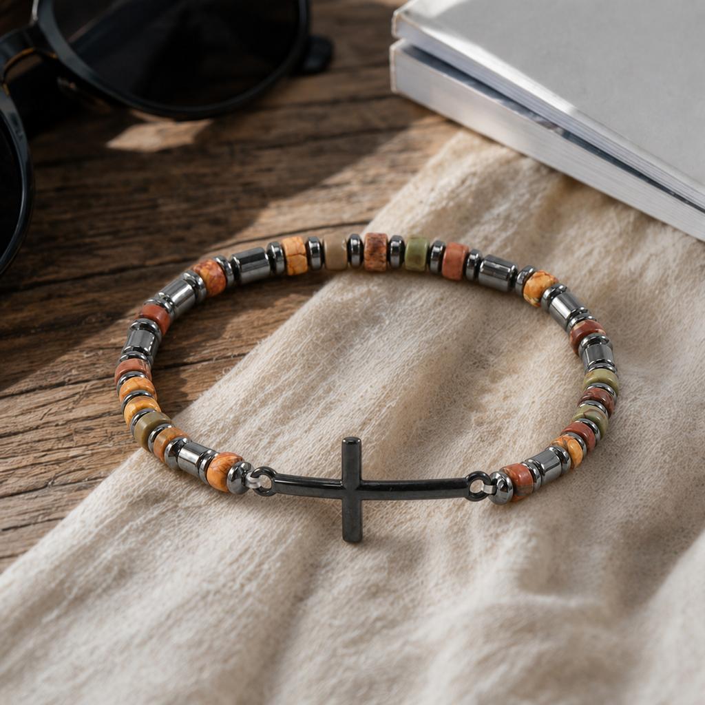Go2boho Beaded Bracelet with Cross Charm, Black Gun Plated Multicolor Beads, Religious Unisex Gift Jewelry
