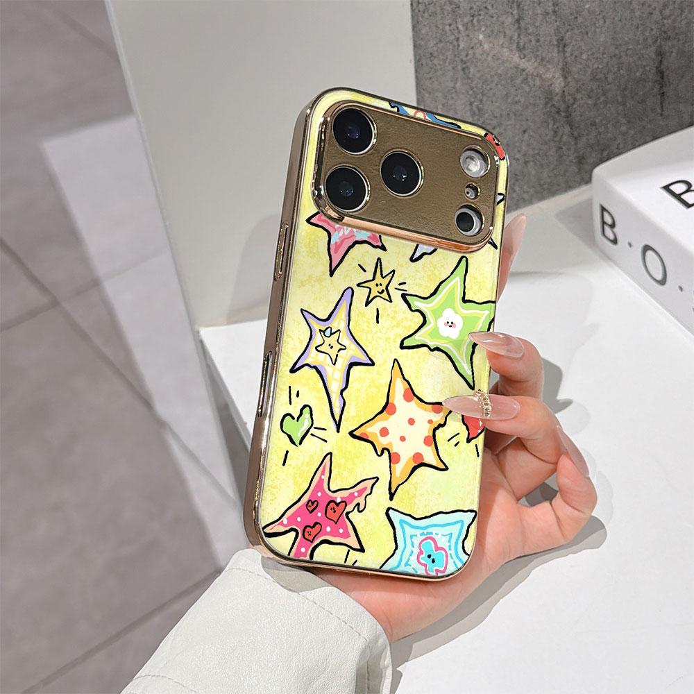 Lucky Start Phone Case For iPhone 17 16 15 14 13 12 11 Pro Max 16E Gold Electroplated Glass Shell Cute Doodle Stars Cover
