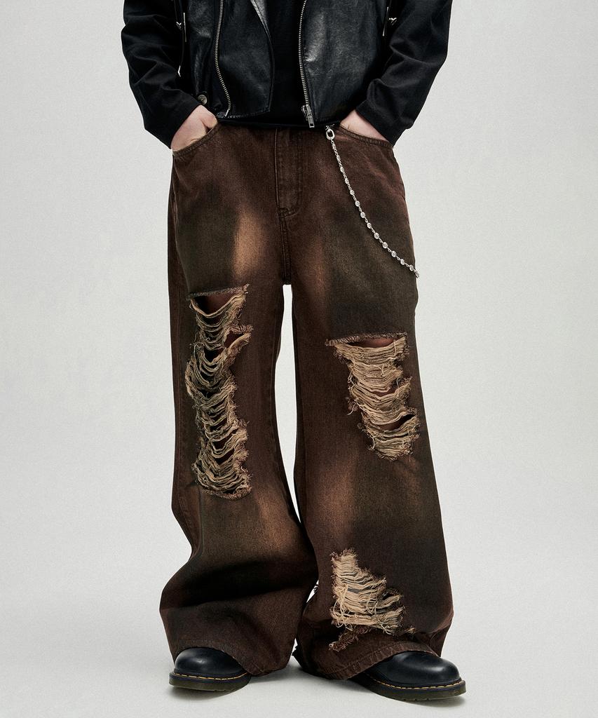 NOT4NERD Distressed Oil Washed Wide Denim Pants - Brown