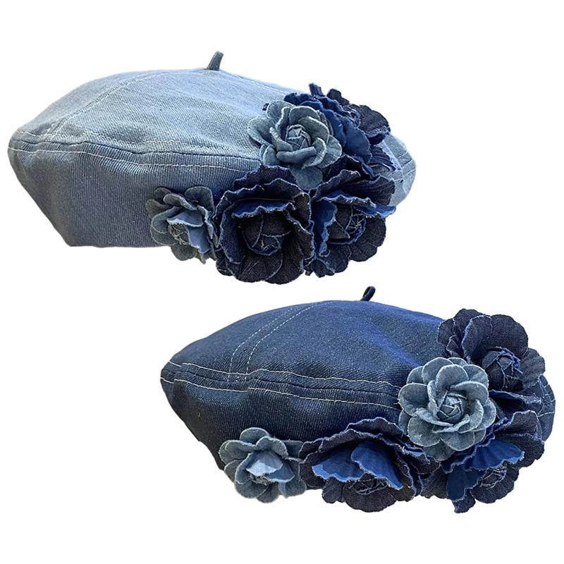 Ladies Denim Beret Hats Flower Cowboy Vintage Hat Women Retro Casual Painter Hat Female Trendy Spring Autumn Hat