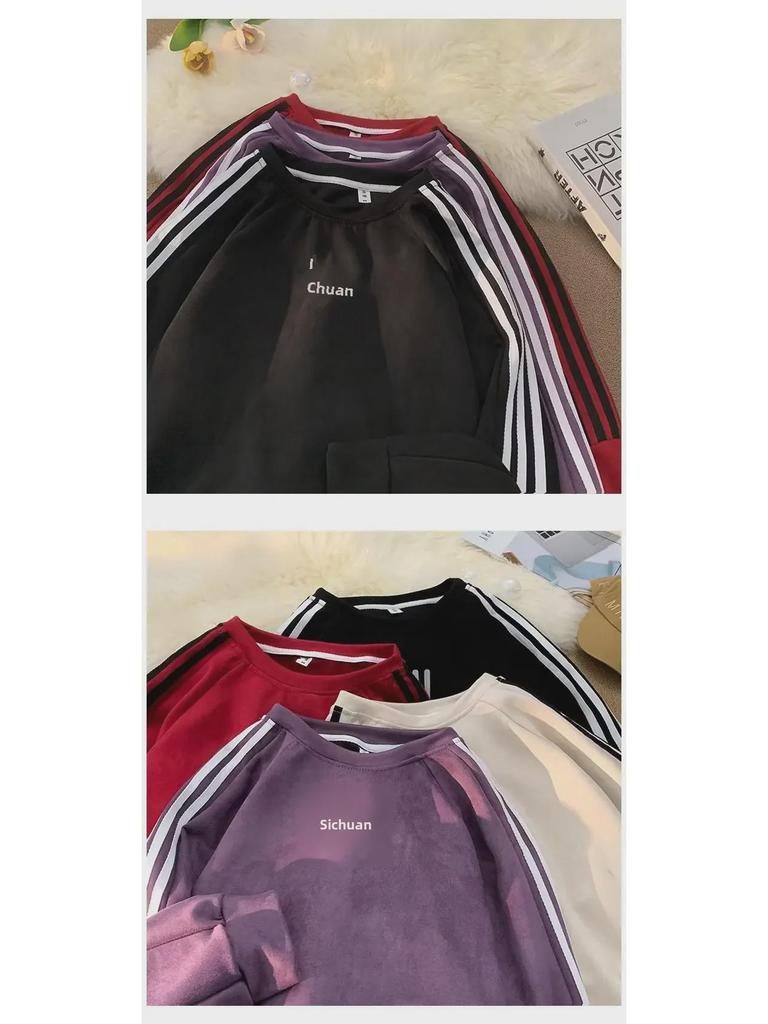 Men's Retro Striped Suede Sweatshirt – Round Neck Pullover for Spring & Autumn